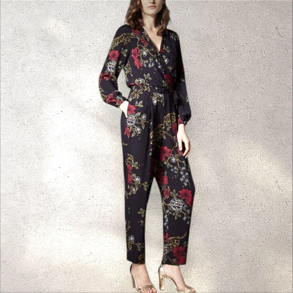 Karen Millen Faux Wrap Jumpsuit Black Tropical Floral Print Long Sleeves US 2